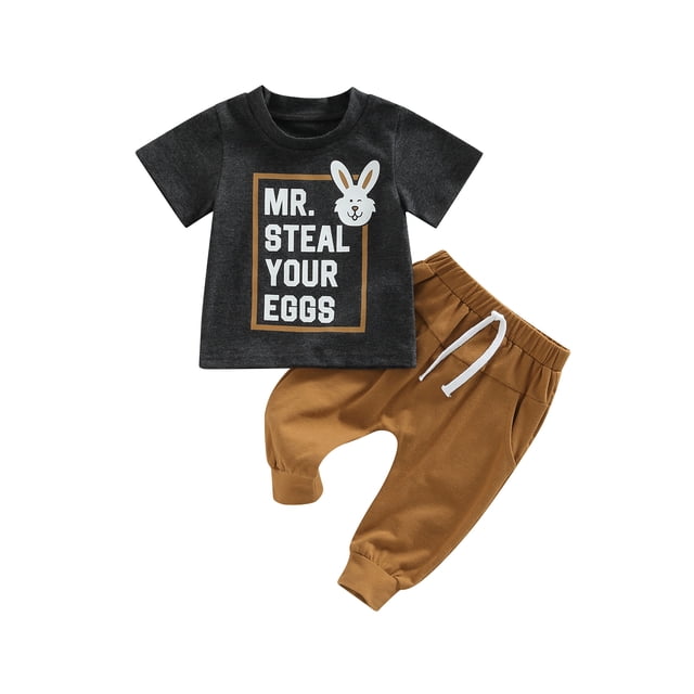 xiaxaixu Easter Baby Boys Pants Set, Short Sleeve Crew Neck Letters Rabbit Print T-shirt + Elastic Waist Sweatpants