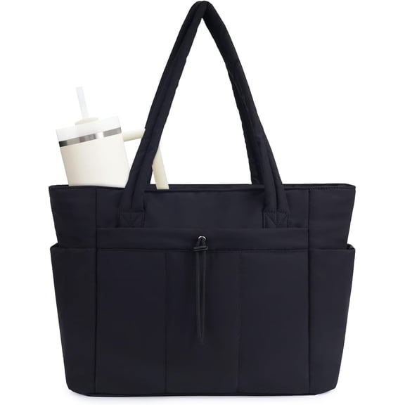 Puffer Tote Bag for Women, Shoulder Bag Handbag with Cup Holder & 15.6" Laptop Compartment & Trolley Sleeve for Travel, Work, Nurse, Lightweight, 20L