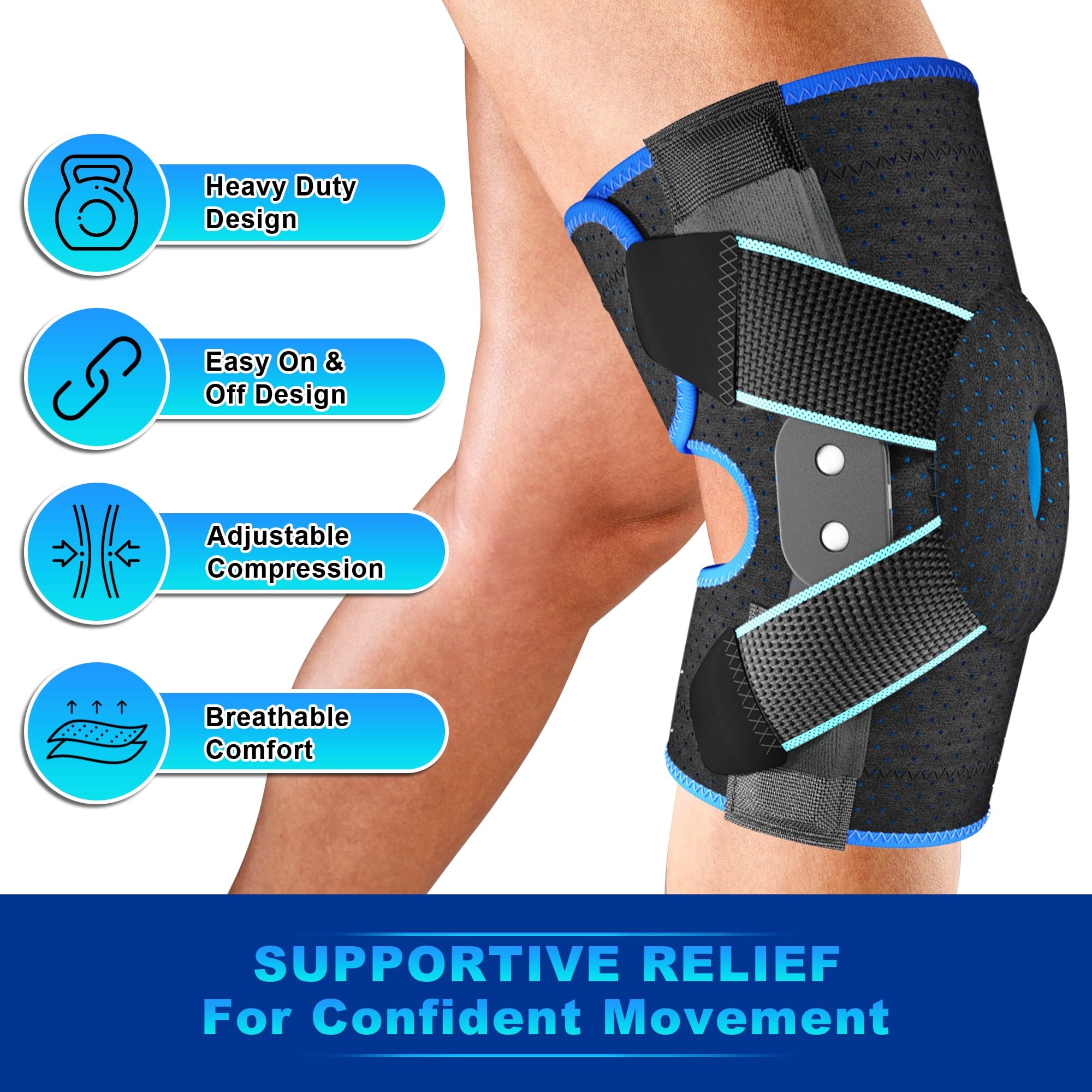 HLTHZONE Hinged Knee Brace with Side Stabilizers for Knee Pain – Adjustable Knee Support for Meniscus Tear, Arthritis & ACL, Fits 12"–23", Black/Blue