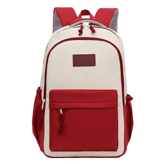 Leather Patch Color Block Backpack Drawstring Side Pocket Large Capacity Waterproof Back To School Travel Bookbag