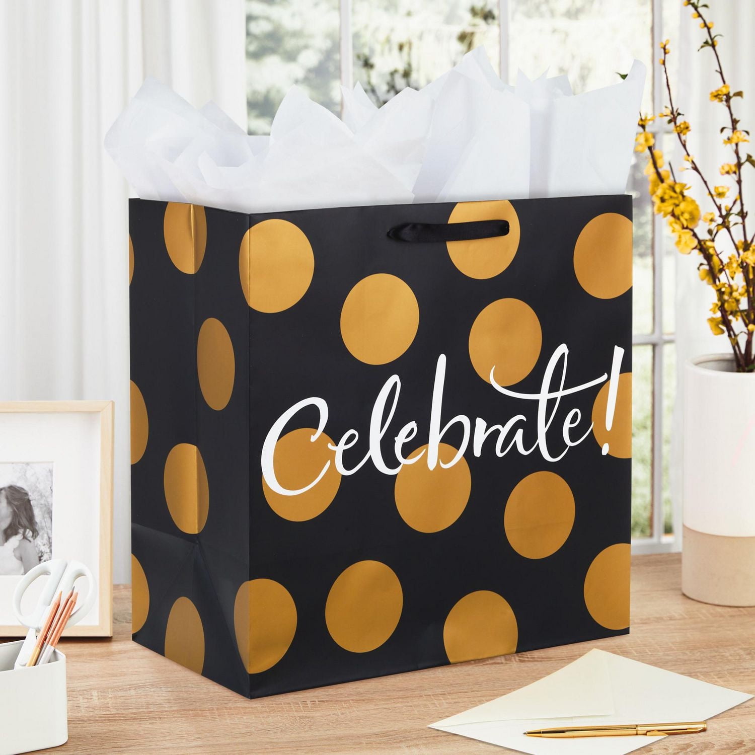 Hallmark 15" Grand Gift Bag (Celebrate Gold Dots on Black) for Birthdays, Bridal Showers, Engagement or Any Occasion