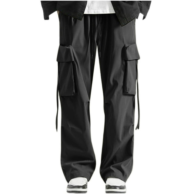 Fashionable Men's Solid Color Casual Elastic Lace up Loose Sports Work Pants