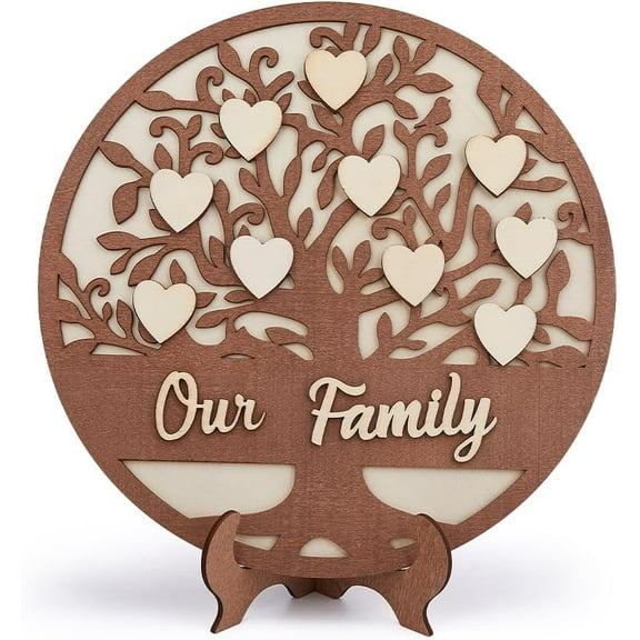 Wooden Family Tree Decor 3D Family Name Decor 11.8 Inch Brown Families Trees Name Sign Flat Round Families Tree Plaque Mothers Day Birthday Gifts for Living Room Love Tabletop Decoration Brown