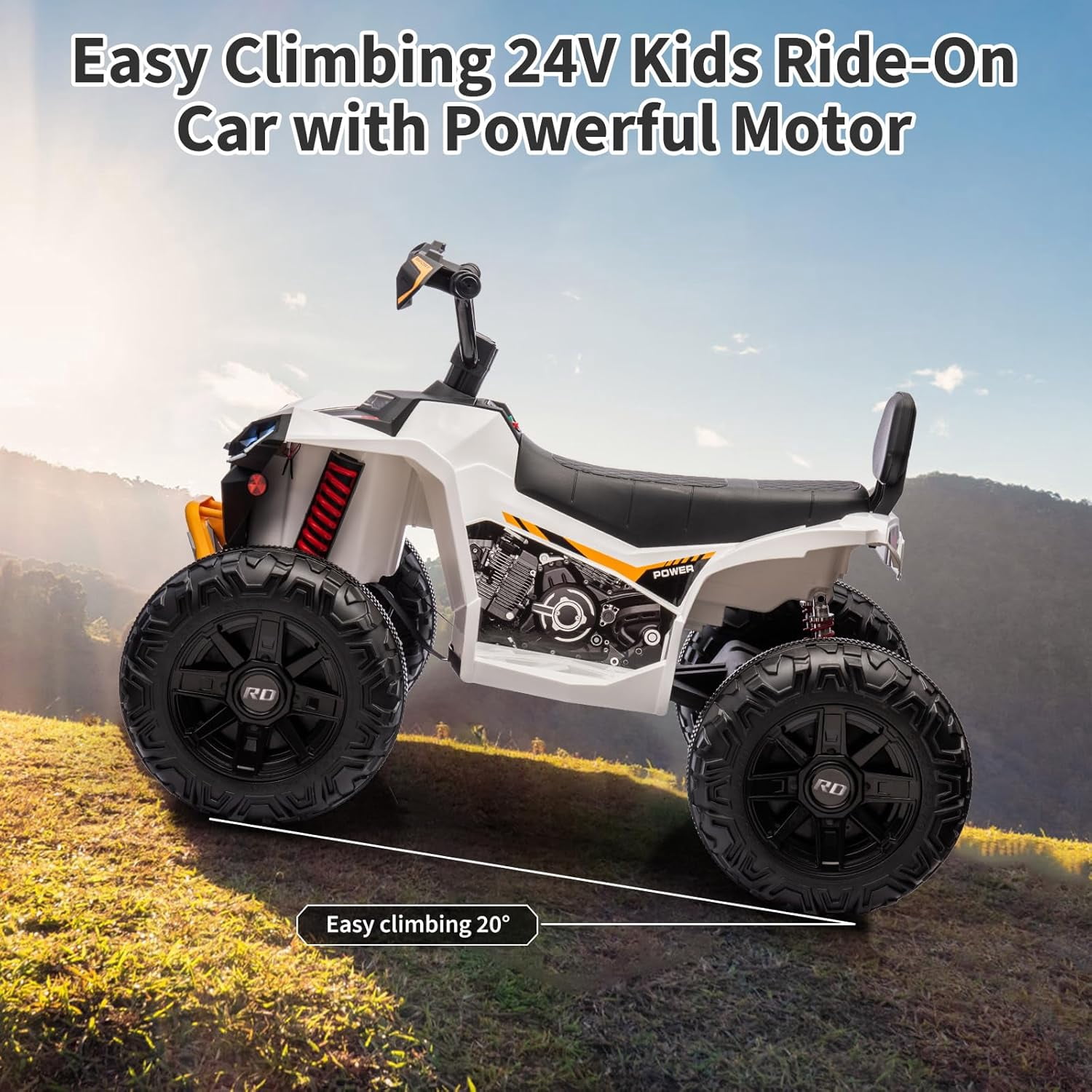 24V Ride-On 2-Seater Electric ATV for Kids – Four-Wheel Off-Road Vehicle with 3-Speed Control, Hydraulic Suspension, Disc Brakes, LED Lights, MP3 Player & Multi-Axis Steering, White