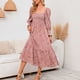thumbnail image 2 of Vestido largo de mujer Vestido fruncido con cuello cuadrado Vestido de manga larga con estampado floral Vestido con dobladillo con volantes Rosa XL, 2 of 6