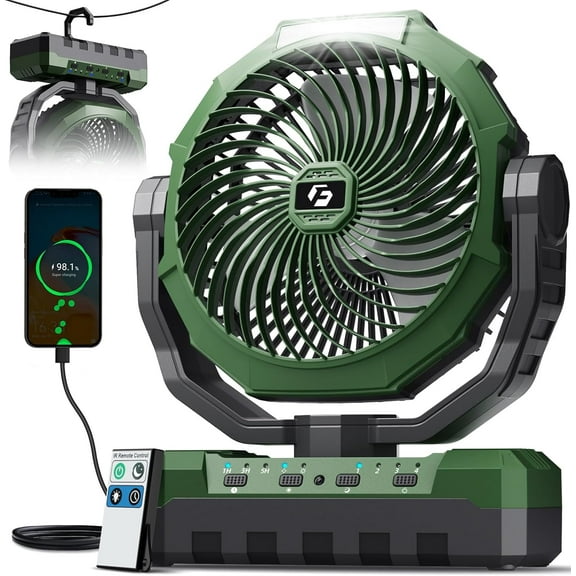 3-in-1 Camping Fan - Portable Fans Rechargeable - 24000mAh Battery Powered Fan(140Hrs) with Light & Remote for Indoor, Outdoor, Tent, Travel, BBQ, Fishing, Jobsite - Green