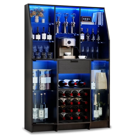 59" Wine Bar Cabinet with LED Lights & Glass Doors, Modern Liquor Storage Buffet with Wine Rack, Adjustable Shelves & Drawer for Living Room or Dining Space