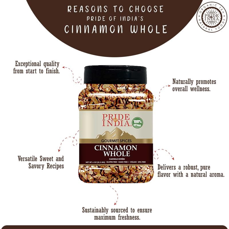 Pride Of India - PACK of 6 - Cinnamon Bark Whole – Freshly Sourced from India – Gourmet Whole Spice – Strong Aroma – Perfect for Cooking & Baking – Easy to Store – 6 oz. Medium Dual Sifter Bottle