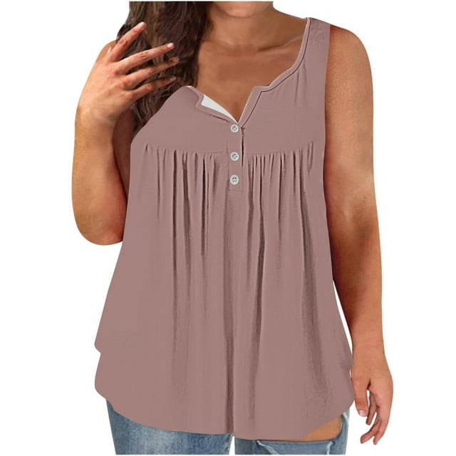 Chbgutlmr Plus Size Tank Tops for Women Round Neck Button Sleeveless Solid Color Loose Casual Summer Tops
