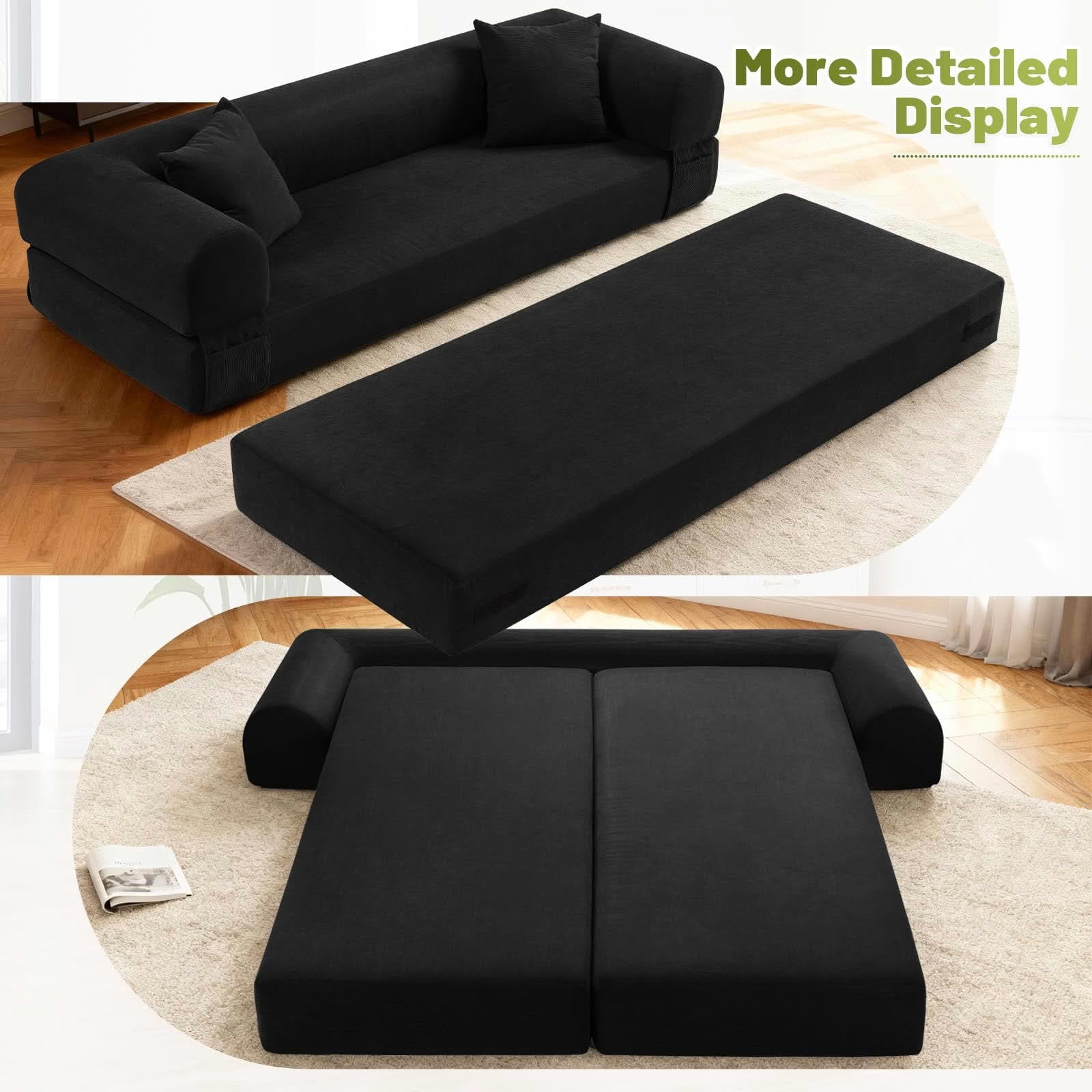 MAYEERTY 80" Dark Gray Corduroy Convertible Sofa Bed, 600lbs Queen Size Fold Out Sleeper Couch with Storage & No Assembly for Living Room