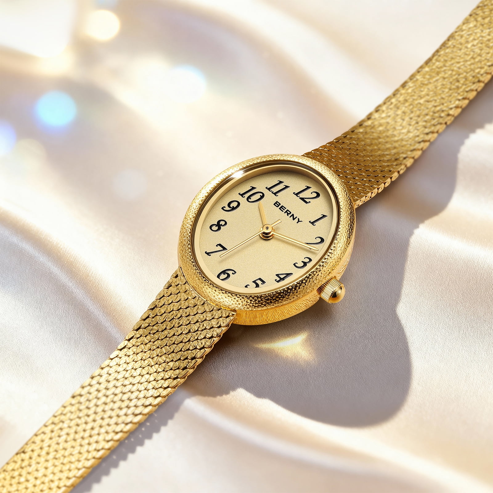 BERNY Small Gold Watches for Women, Dainty Easy to Read Oval Dial, Vintage Stainless Steel Bracelet Watch, Adjustable Mesh Band, Waterproof, Luxury Ladies Analog Quartz Wrist Watch Gifts (Gold)