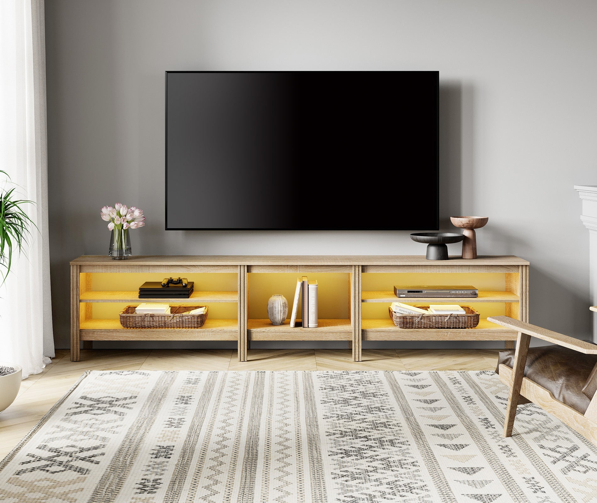 Fitueyes Oak TV Stand for 90 100 Inch TV Entertainment Center, Wood TV Table with Open Shelves & 16 Colors LED Light for Living Room, 94 inch