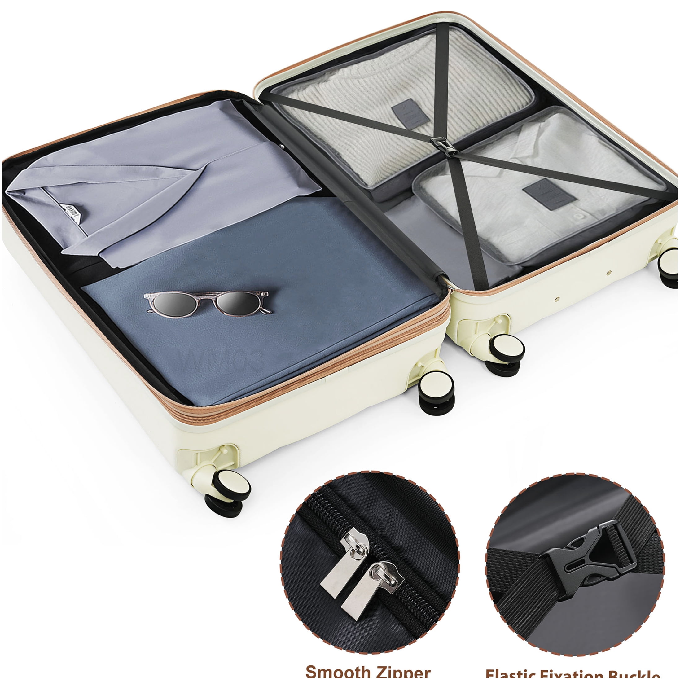 3-Piece Spinner Luggage Set with Cup Holder, ABS Hard Shell Airline Approved Suitcase in White and Gold