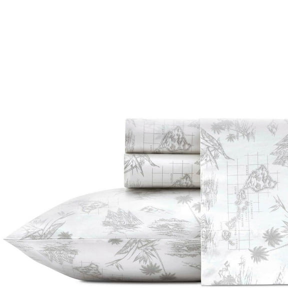 Vintage Map 4-Piece Light Gray Cotton King Sheet Set