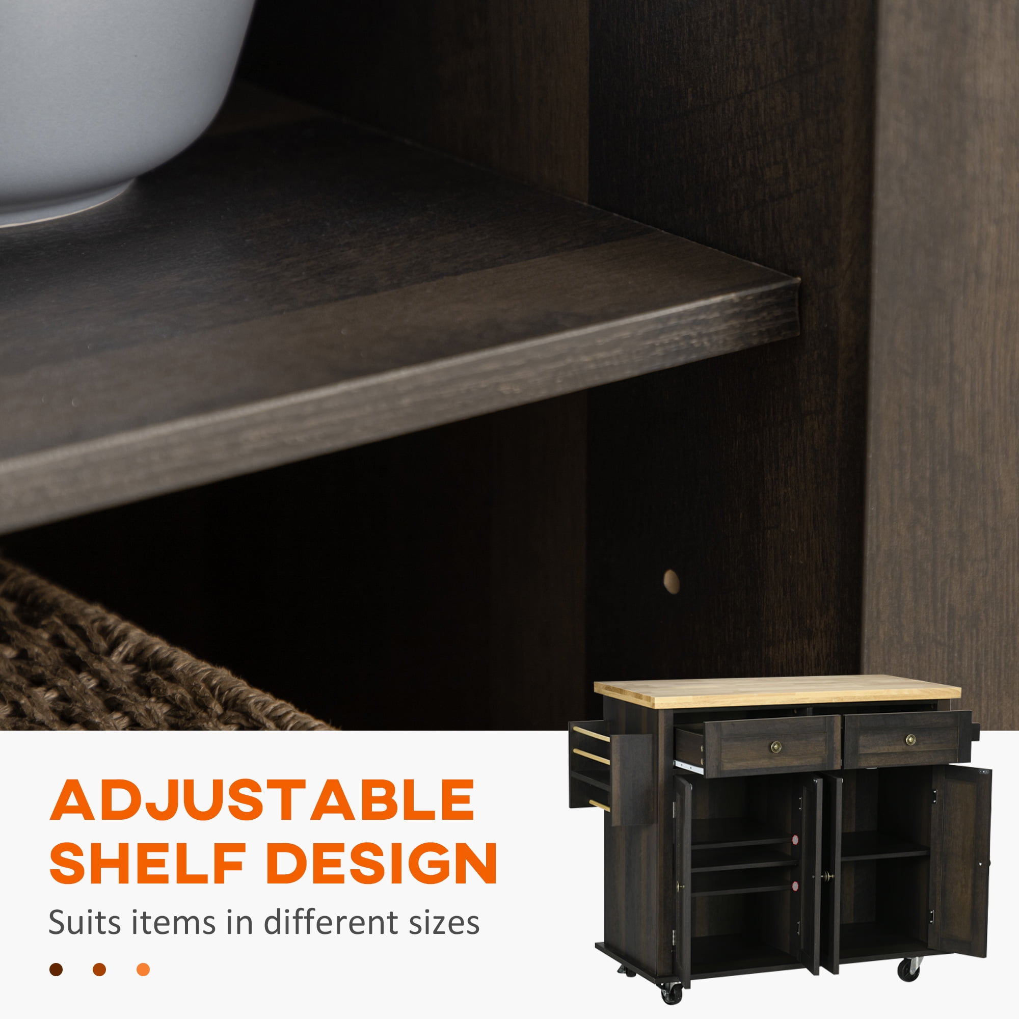 HOMCOM Kitchen Island on Wheels, Rolling Cart with Rubberwood Top, Spice Rack, Towel Rack