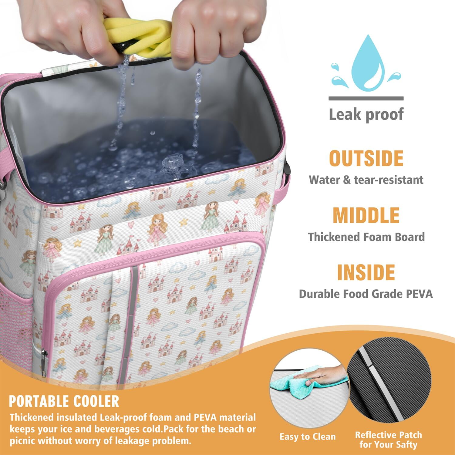 Travel Cooler Bag - White Princess Castle Pattern Camping Beer Cooler Backpack with Bottle Opener- Waterproof Insulated Picnic Backpacks - Cooler Bag for Beach