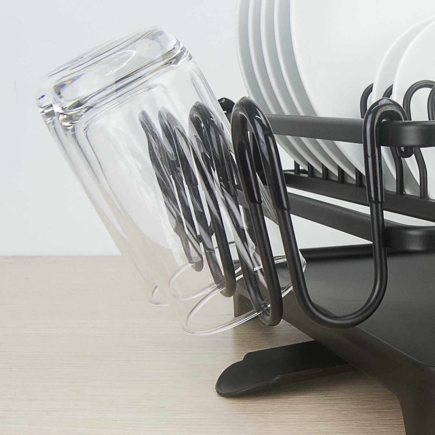 Evelyne GMT-10353-A Black Aluminum Dish Drying Rack with Utensil Holder - 2 Tier Kitchen Countertop Rust Proof Dish Rack and Drainboard Set - Large Dish Organizer Rack