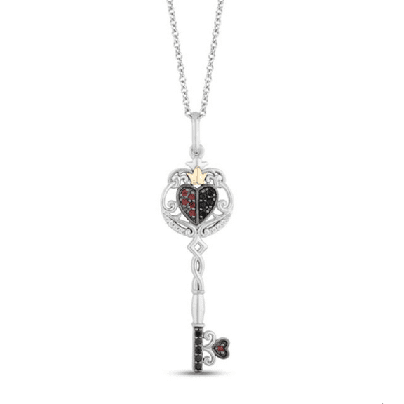 Alice in Wonderland Diamond & Garnet Key Necklace - Round CZ Diamond Sterling Silver With 14K Two Tone Finish Pendant