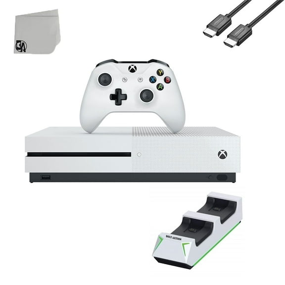 Pre-Owned Microsoft Xbox One S 500GB Gaming Console White with HDMI Cable   Controller Charging Station BOLT AXTION Bundle