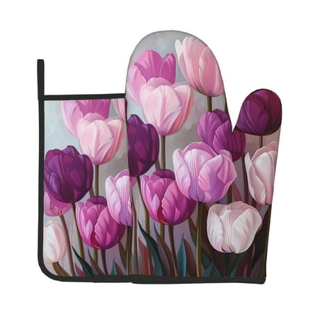 

Xecao Purple And Pink Tulip Bouquet Pattern Oven Mitts and Pot Holders Sets Heat Resistant Silicone Oven Mittens Extra Thicken Long Kitchen Cotton Oven Glove for Cooking