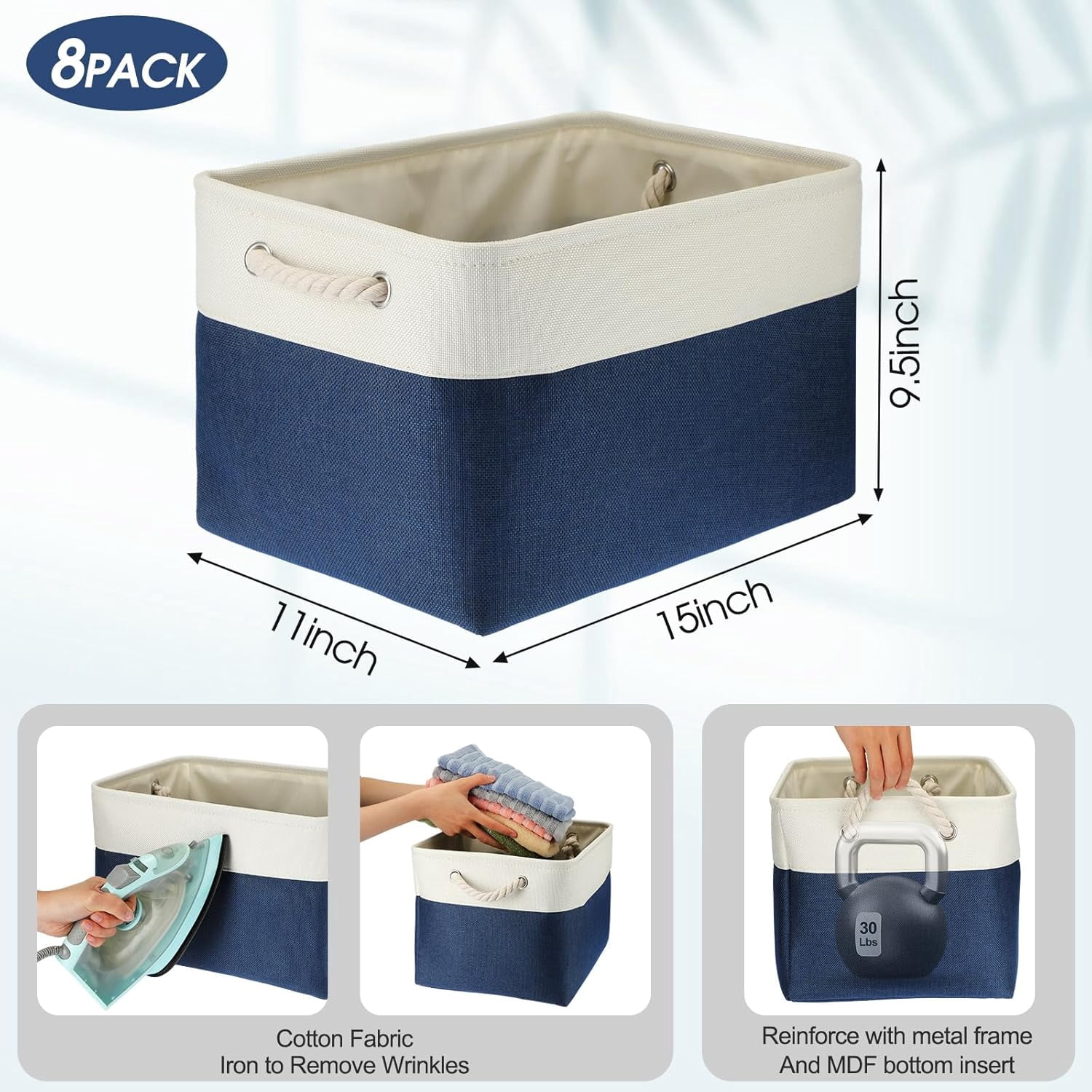 8 Pack Collapsible Storage Bins Fabric Storage Bins Polyester Fabric Storage Baskets with Handles Linen Closet Organizer for Shelf Home Closet Towels Toys (Blue White,15 x 11 x 9.5 In)