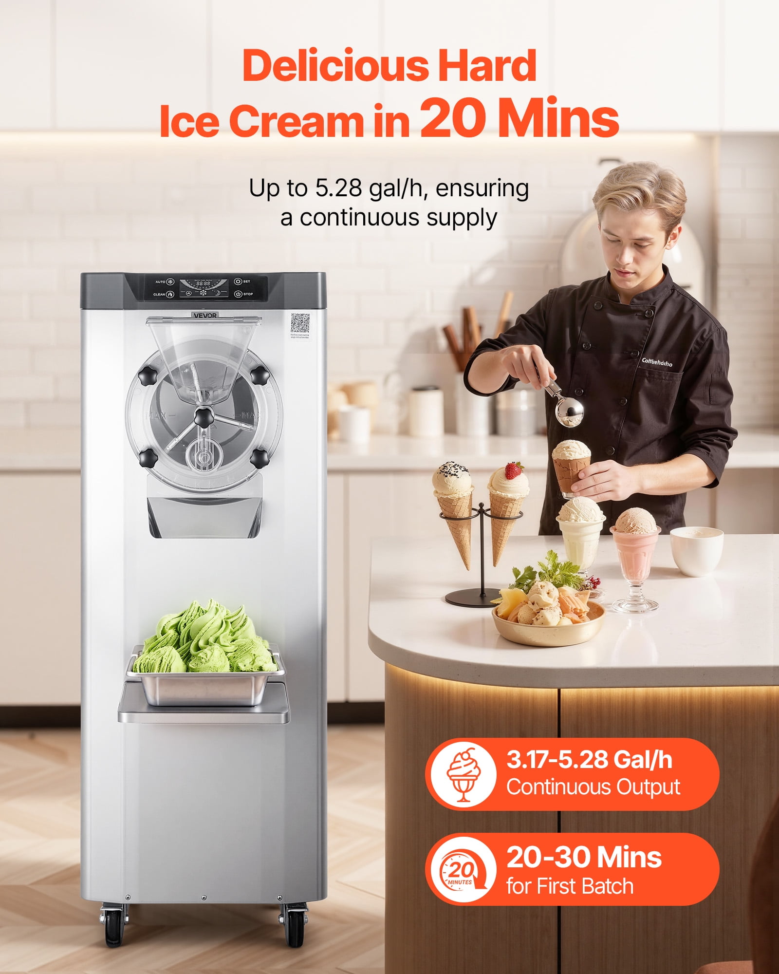 VEVOR Commercial Hard Ice Cream Machine, 2400W 3.17 to 5.28 Gallons per Hour, Gelato Hard Serve Ice Cream Maker with 10L 304 Stainless Steel Cylinder, Auto Clean LED Panel for Snack Bar Restaurants