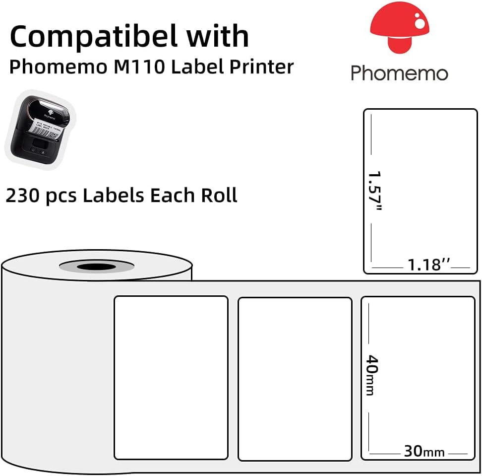 Phomemo M110 Labels, M110/M220/M221/M120/M200 Thermal Labels 1.57" x 1.18"(40mmx30mm), M110 Labels Self-Adhesive Label, 230 Labels/Roll