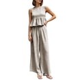 thumbnail image 2 of BRELIL Women's Two Piece Plaid Sets Round Neck Sleeveless Peplum Top Wide Leg Pants Boho Casual 2 Piece Outfits Summer Matching Lounge Travel Tracksuit, Coffee S, 2 of 7
