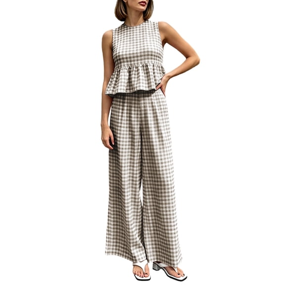 Guluxicc 2 Piece Women's Outfit Sets Crew Neck Tank Top Ruffle Hem Gingham Print High Waist Wide Leg Pants Casual Trendy Sets