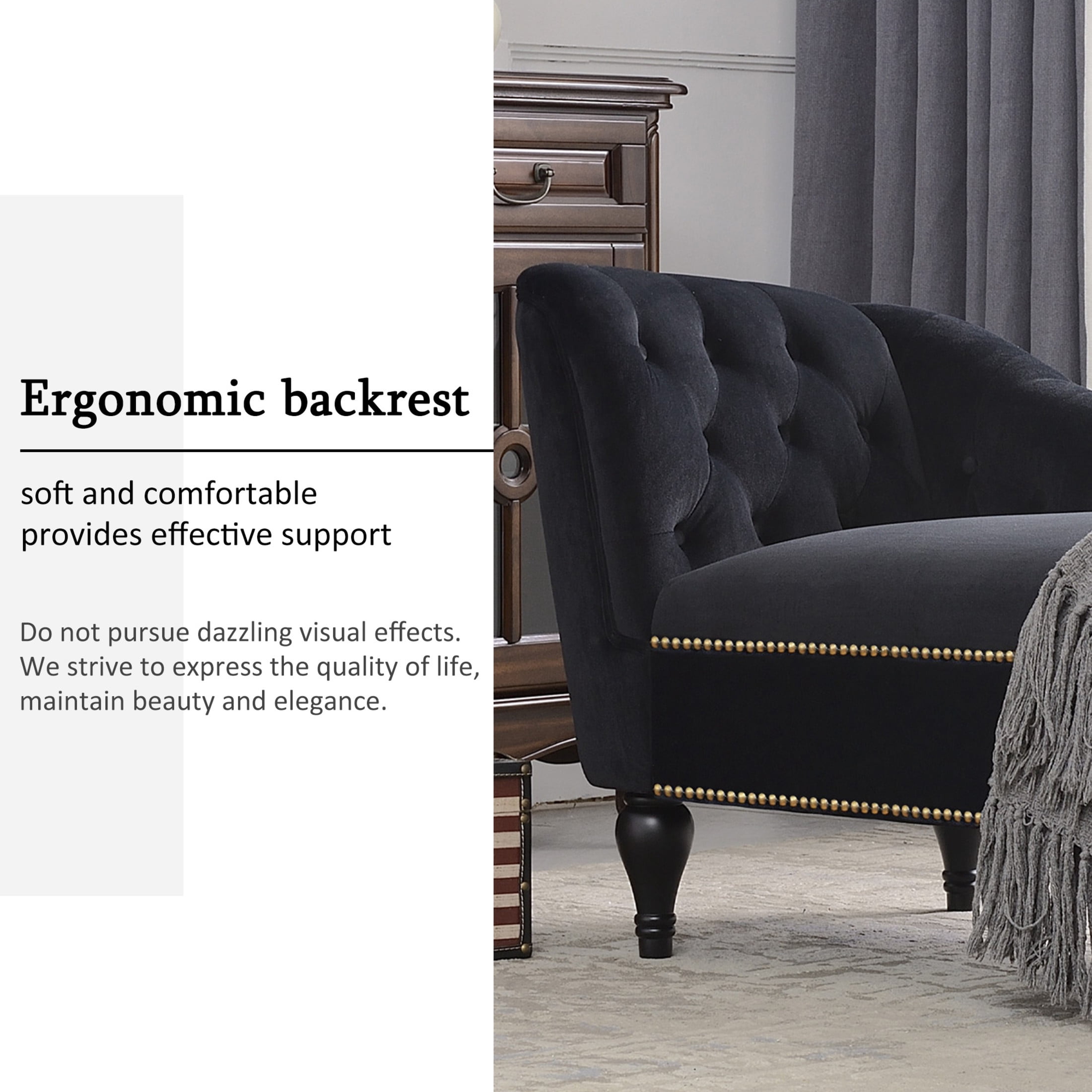 Noble House 58" Right-Arm Facing Velvet Chaise Lounge with Button Tufting and Nailhead Trim, Sleeper Lounge Sofa, Black
