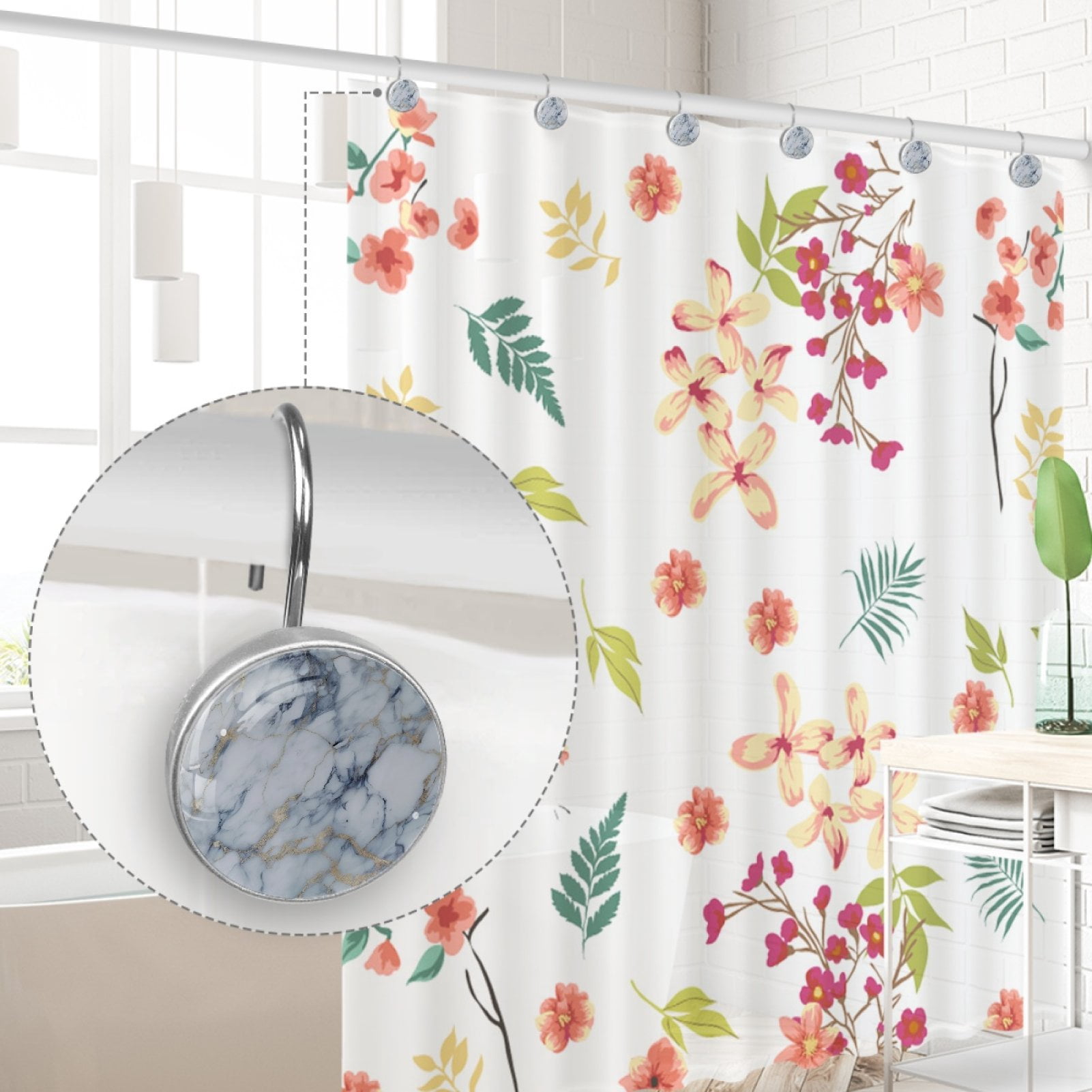 HemaKayy 12 Pcs Decorative Shower Curtain Hooks - Stainless Steel Rings for Bathroom Décor - Easy Glide & Secure Hold - Perfect Decoration for Bathroom Shower Rods - Marble Abstract Texture