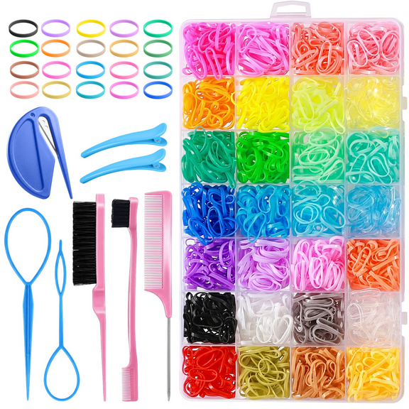 Livhil 28 Colors Hair Rubber Bands with Tail Hair Tools and Hair Clips, 1500 Pcs Elastic Small Hair Ties, Hair Accessories