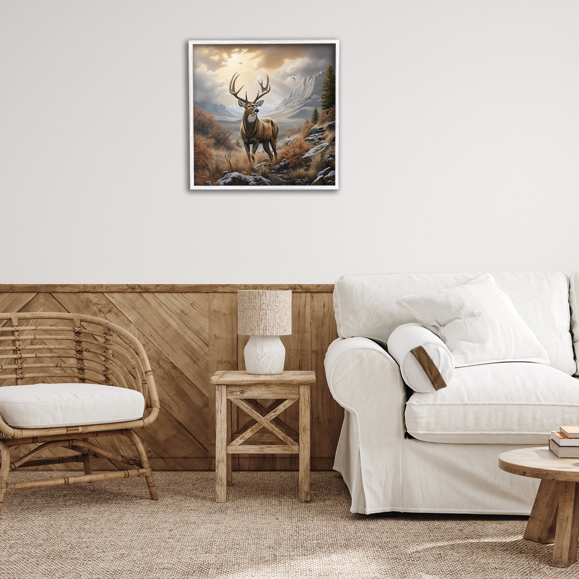 Stupell Industries Majestic Elk Mountain Scenery Landscape Painting White Framed Art Print Wall Art, 24 x 24