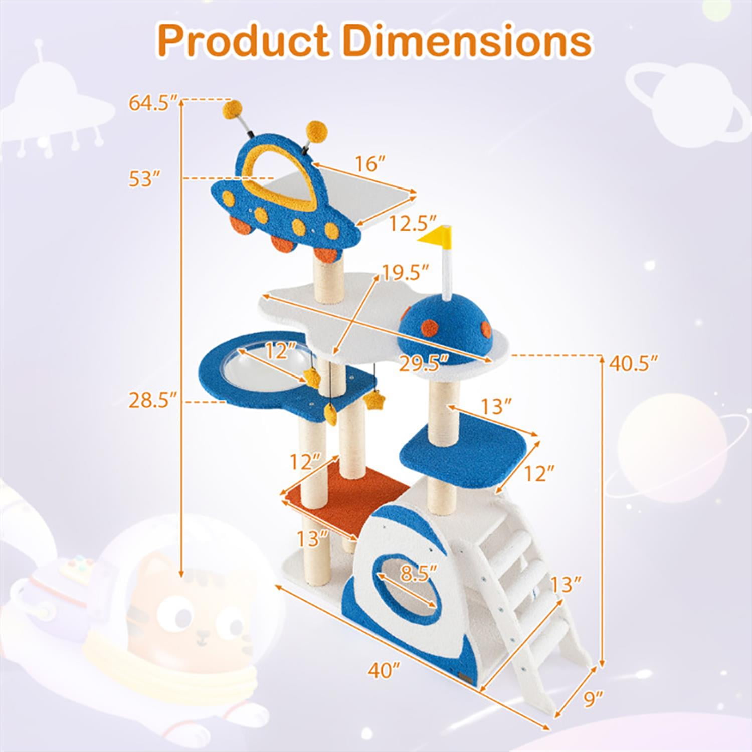 resenkos 64" Cat Tree with Toy, Cat Tower Condo for Indoor Cats with UFO Top Perch Space Capsule, Cozy Hammock and Sisal Scratching Posts, Blue