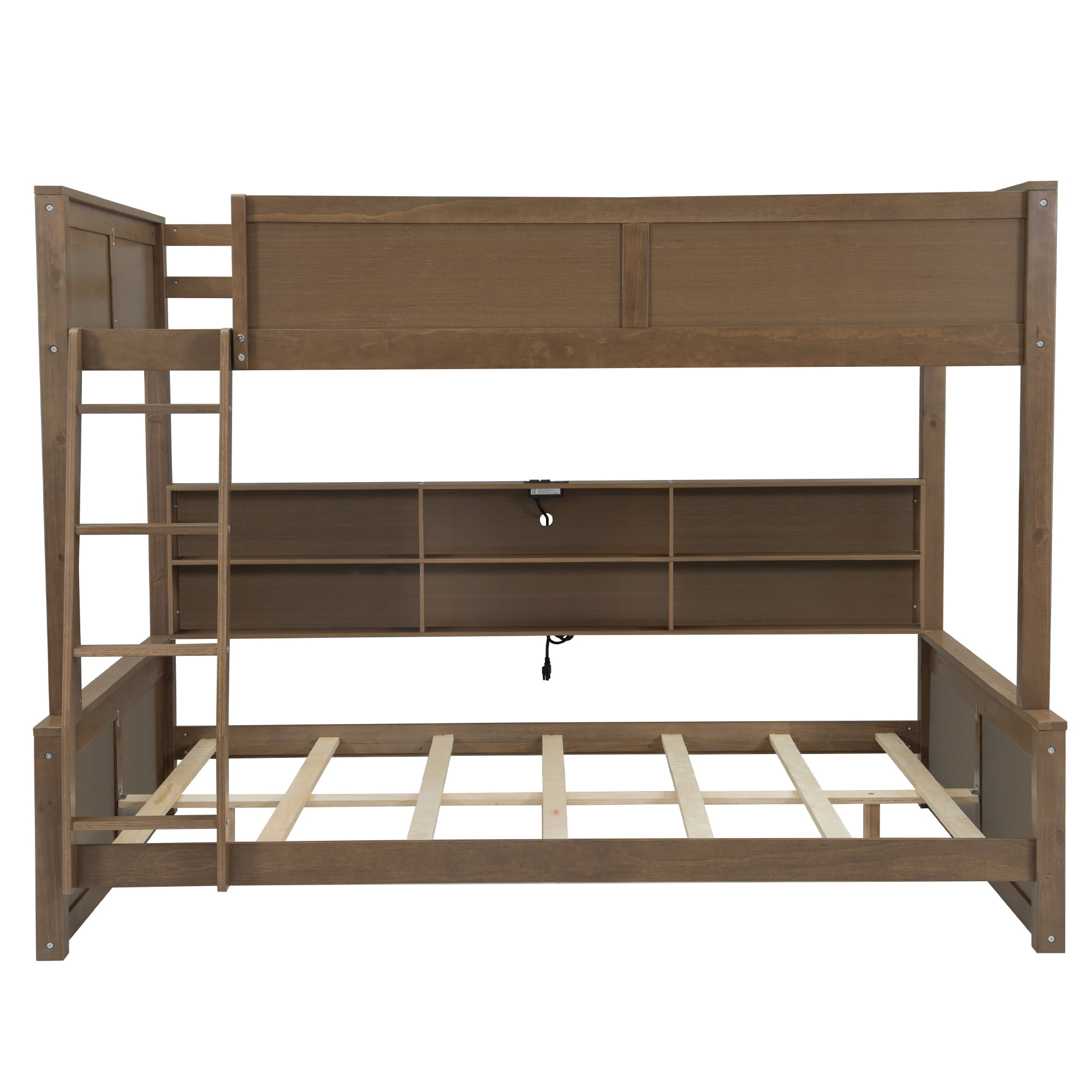 Full XL over Queen Bunk Bed with 6 Storage Cabinets on the Side, USB Ports & Outlets – Solid Pine & MDF Bed Frame with Guard Rails, No Box Spring Needed, Space-Saving Design