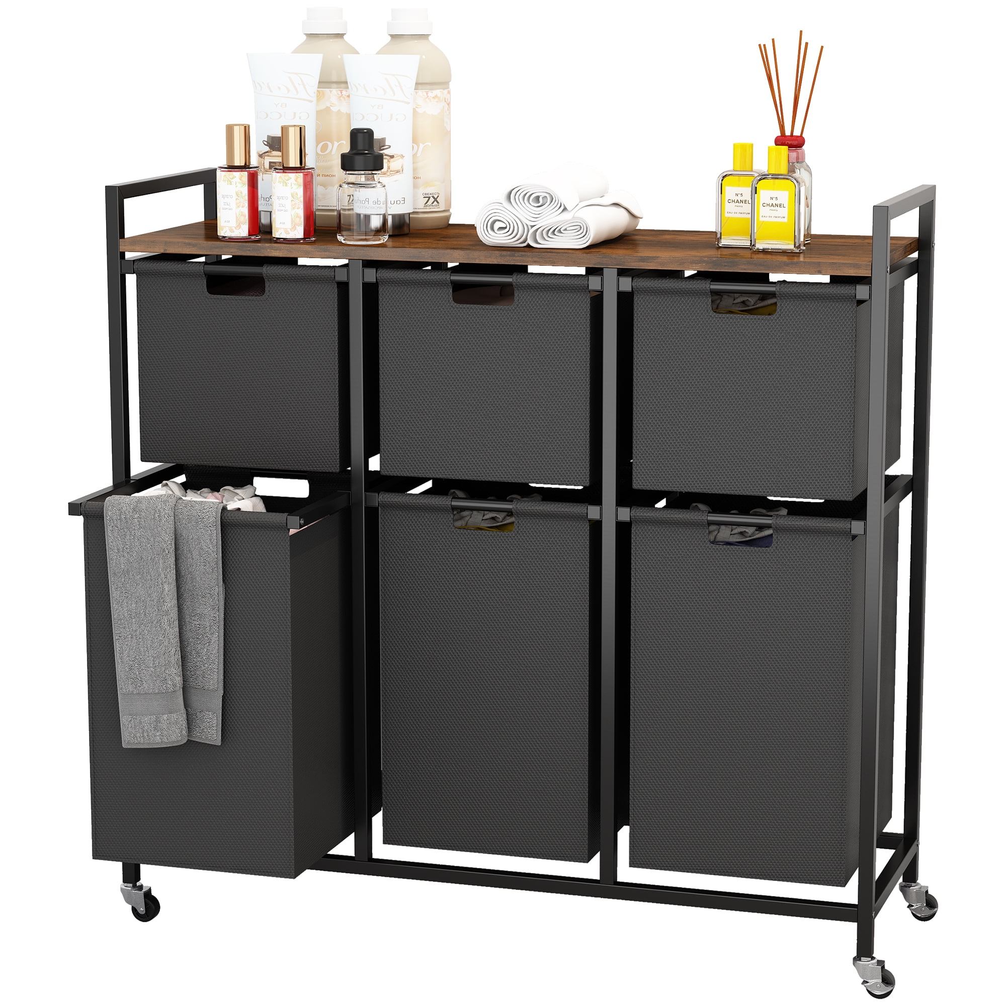 Laundry Basket with Wheels, Rolling Laundry Hamper Organizer with Large Desktop, Laundry Sorter with 6 Pull-Out and Removable Laundry Bags, Metal Frame, Rustic Brown and Black
