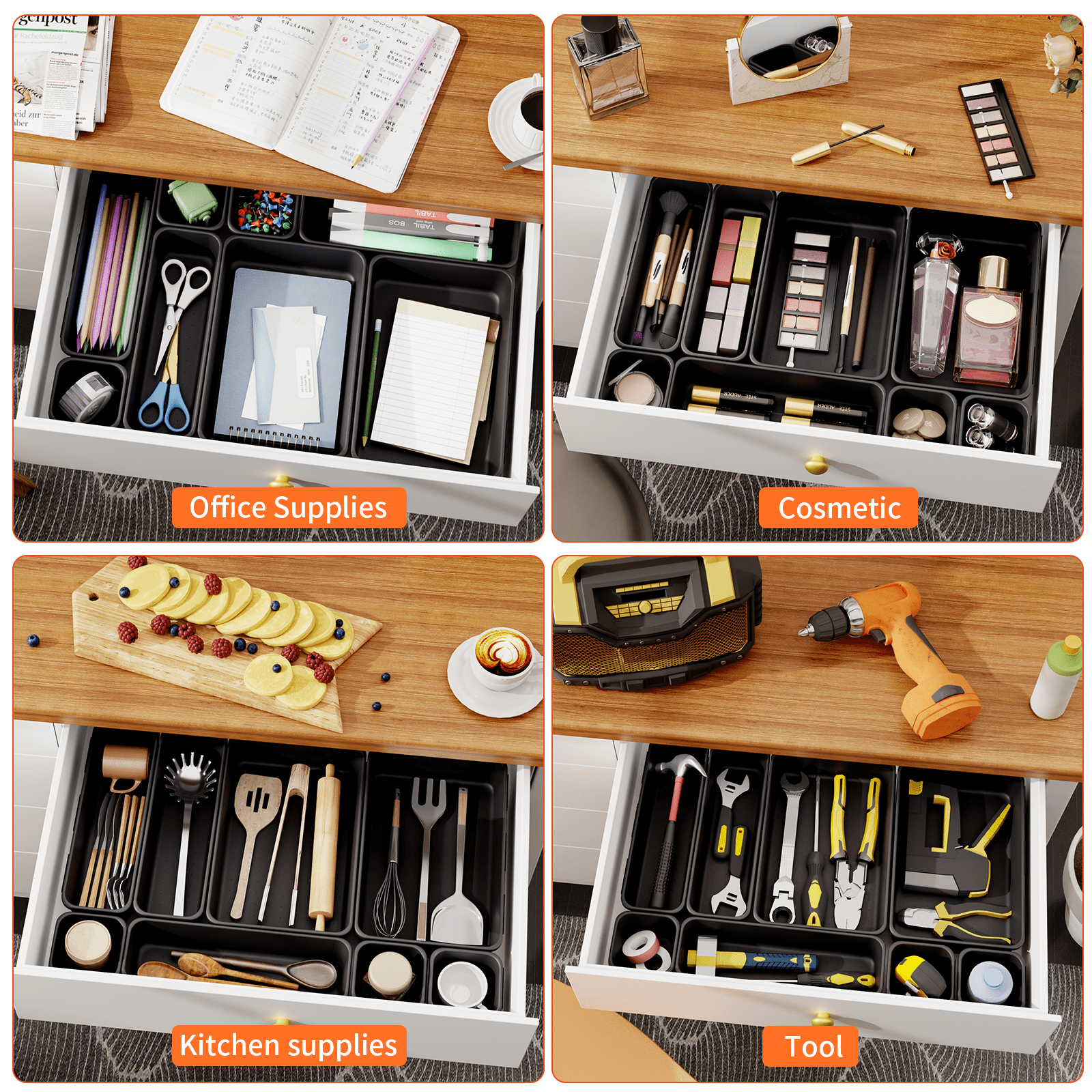 HAIDAIYA 45 Pack Plastic Drawer Organizer Trays, 3-Sizes Vanity and Desk Storage Bins, tool box Organizers for Makeup, Jewelry, Gadgets, Utensils, Black