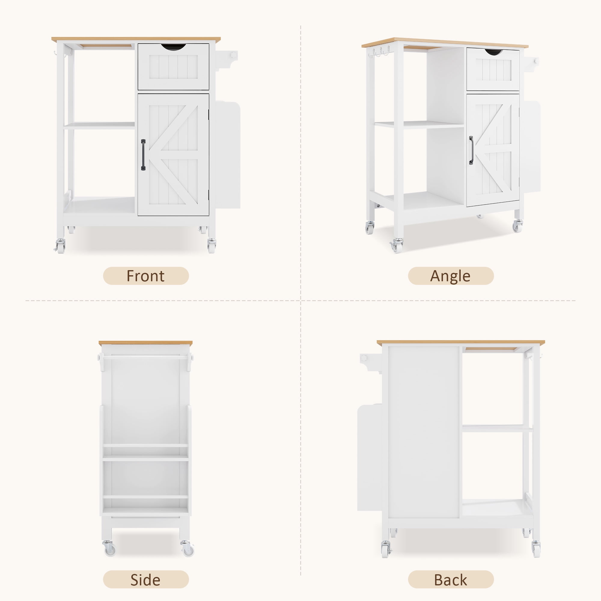Kitchen Island Cart 33.86 Inch, Rolling Utility Table with Storage Cabinet and Spice Rack, Mobile Kitchen Organizer for Dining Room and Small Spaces, White