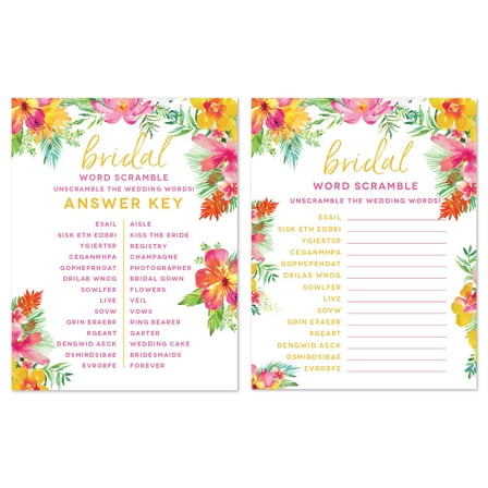 Tropical Floral Garden Party Wedding, Wedding Word Scramble Bridal Shower Game Cards, 20-Pack
