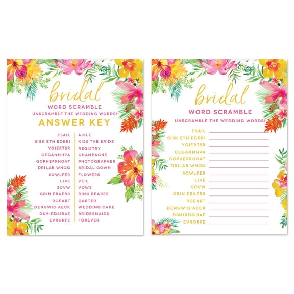 Tropical Floral Garden Party Wedding, Wedding Word Scramble Bridal Shower Game Cards, 20-Pack
