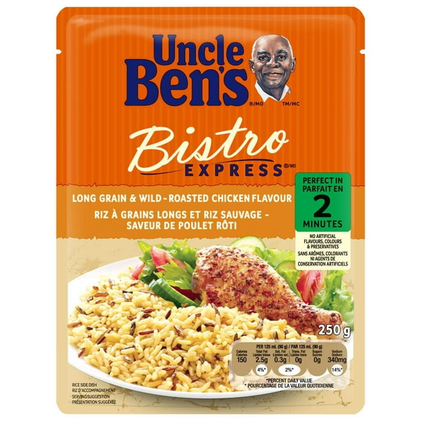 Riz à grains longs et au riz sauvage à saveur de poulet rôti Bistro Express(MD) de Uncle Ben’s, 240g pour 2 personnes.