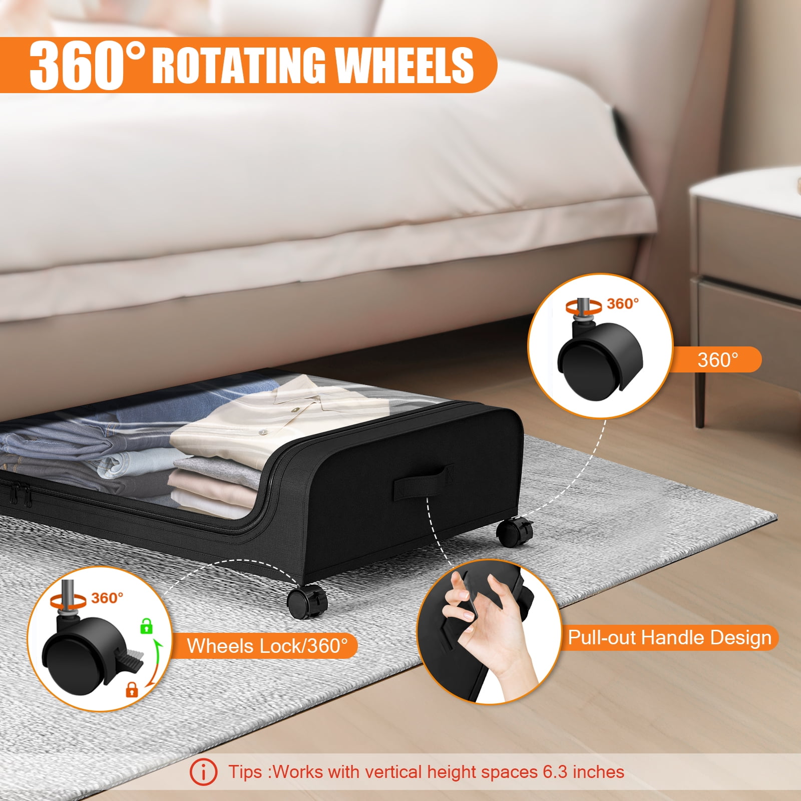 Under Bed Storage with Wheels, 2-Pack Large Capacity Under Bed Storage Containers with Clear Lid, Roller Underbed Organizer Drawer for Clothes, Shoes, Toys, Bedding, Closet
