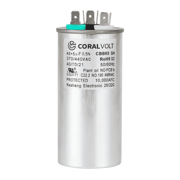 Coralvolt 45 5 µF Dual Run Round HVAC Capacitor – 370/440V AC | CBB65, UL Rated
