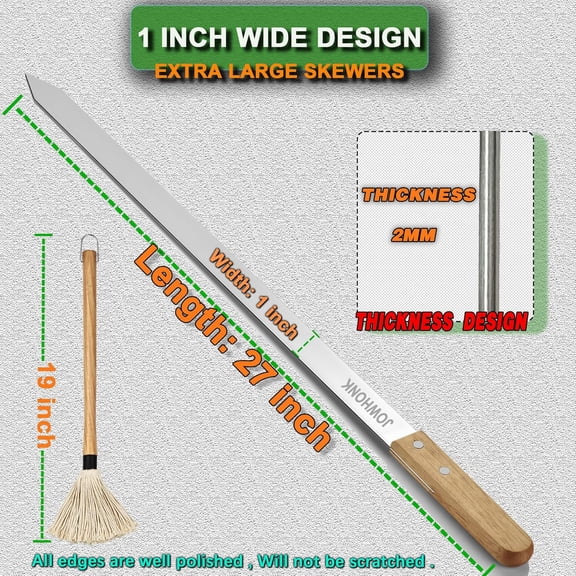 27 Inch Extra Long 1 Inch Wide Kabob Skewers for Grilling, 8PCS BBQ Skewer Set with Wood Handle