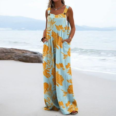 

Jmntiy Women Print Jumpsuit Pajamas Casual Buttons Pocket Sleeveless Wide Leg Long Pants Women Rompers Clearance