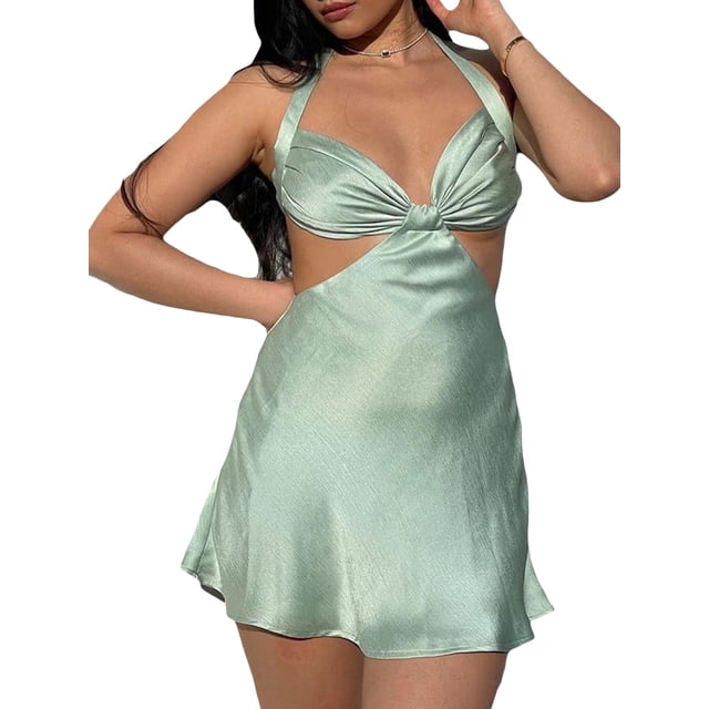 xiaxaixu Mini Dresses for Women Halter Sleeveless Backless Ruched Bust Solid Color Flowy Satin Dress