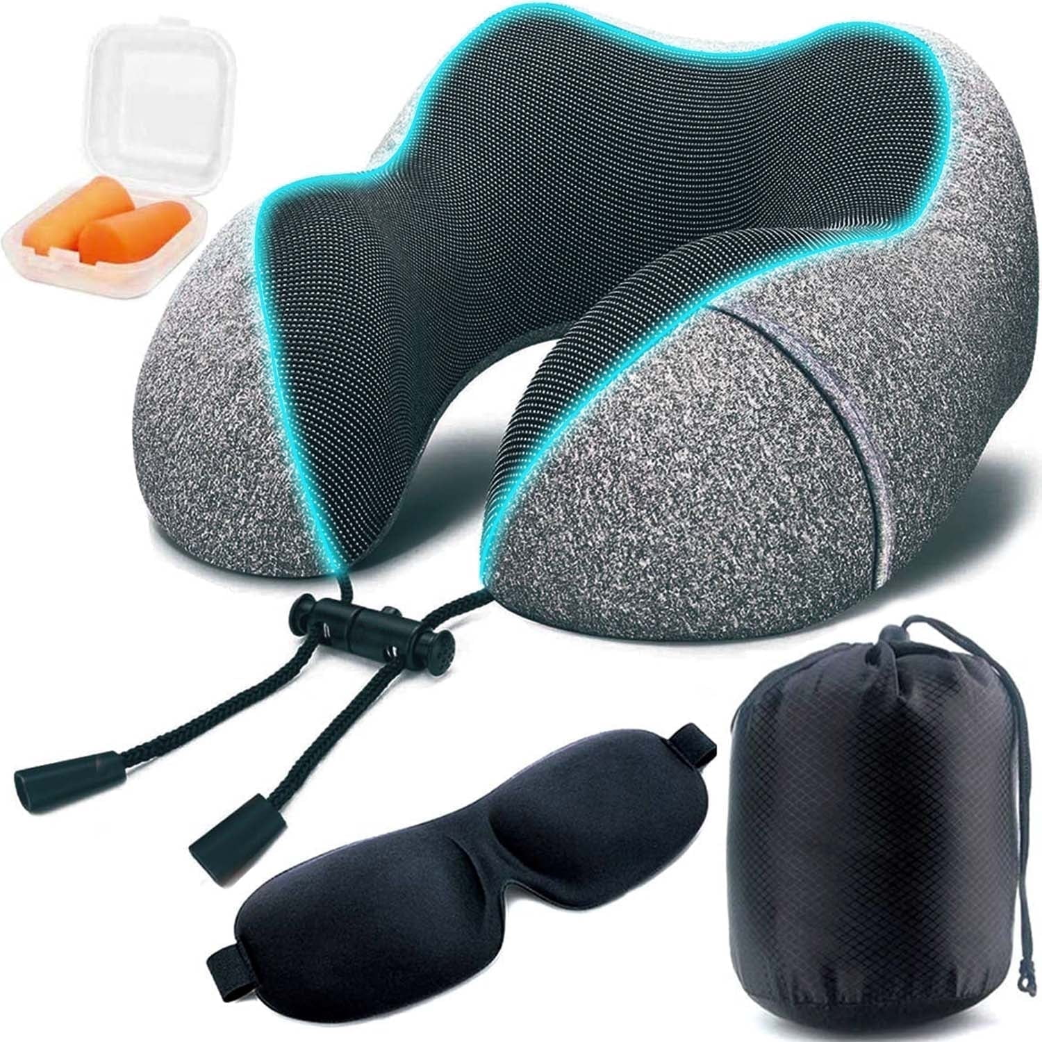 Camkey Neck Pillow, Memory Foam Travel Pillow for Airplane, Upgrade U Shaped Travel Neck Pillow with Perfect Support, 3D Contoured Eye Mask, Earplugs & Travel Bag