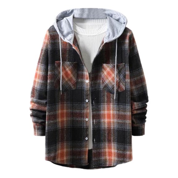 Button-Down Shackets Shirts for Men with Pockets and Hoodie Long Sleeve Jackets Mens Casual Plaid Printed Going-Out Work Outerwear Shirt