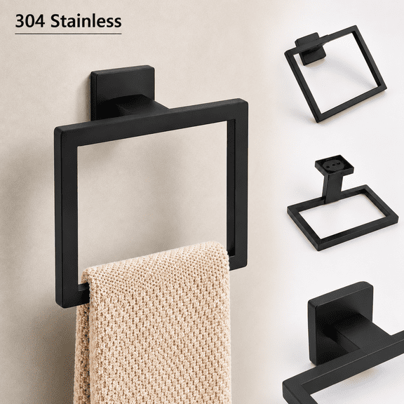 Towel Ring - Thicken 304 Stainless Steel Towel Holder, Towel Racks for Bathroom, Square Modern Design Hand Towel Holder, Contemporary Hand Towel Bar - Black