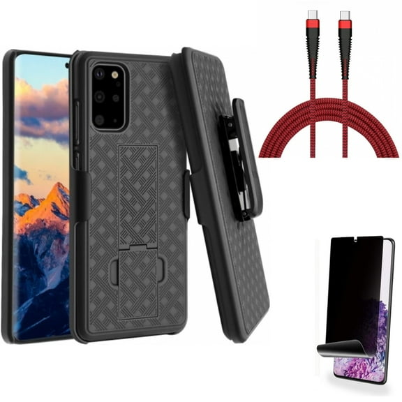 Privacy Screen Protector w 10ft PD Cable w Case Belt Clip for Samsung Galaxy S20 Plus - TPU Film [NOT GLASS] [Fingerprint Works], Type-C to USB-C Charger Cord Power, Holster fits Galaxy S20 Plus